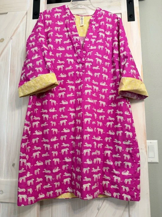 NWOT Uncle Frank Slow Fashion Dress XL Pink Tigers 🐯 Yellow Roll Up Cuffs Artist - Picture 10 of 11